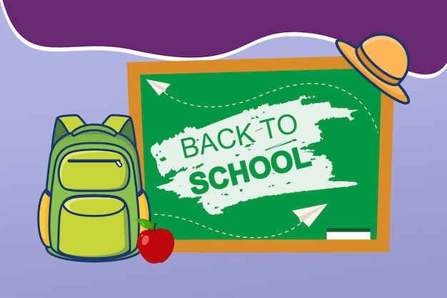Back to school background with bag hat apple and blackboard