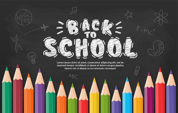 Обратно в школу фон с цветными карандашами Концепция образования с надписью "обратно в школу"