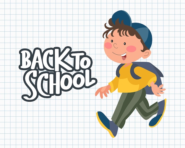 Back to school background with cute schoolboy with school bag and calligraphy