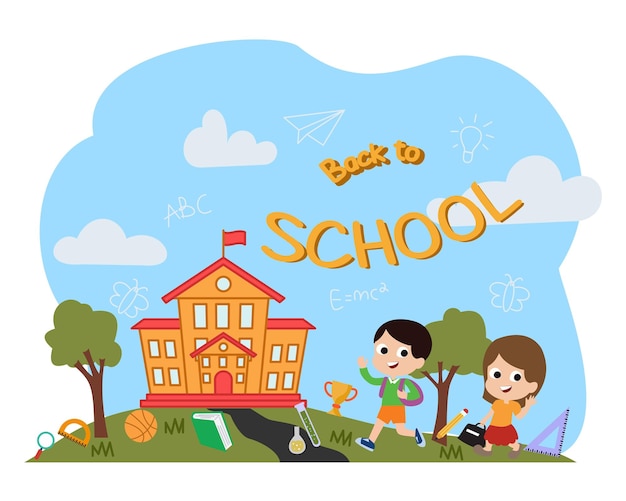 バック・トゥ・スクール (Back-to-School) は子供たちが学校に行くことと学校用品のイラストを描いた学校の背景です