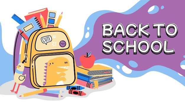 Back to school backpack Cartoon background with kids bag school accessories and stationery autumn colorful sale banner Vector school supplies advertising