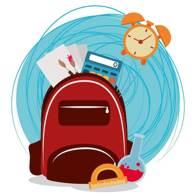 Vettore ritorno a scuola, illustrazione di istruzione elementare di carta della spazzola del calcolatore dell'orologio dello zaino