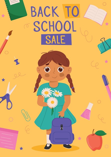 Back to school banner design with colorful funny school character education items
