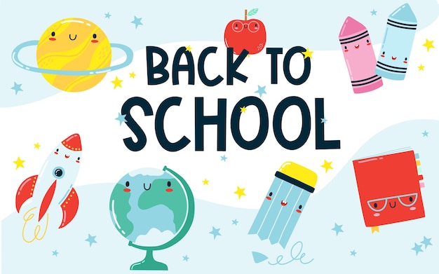 Back to school banner frame from cute kawaii school supplies happy vector cartoon character for kids