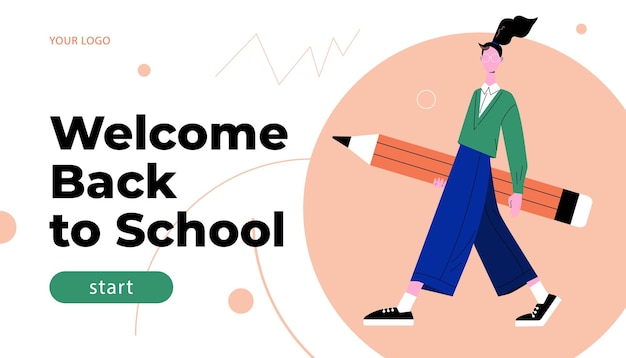 Back to School banner. Girl walkig with pencil. Character vector illustration