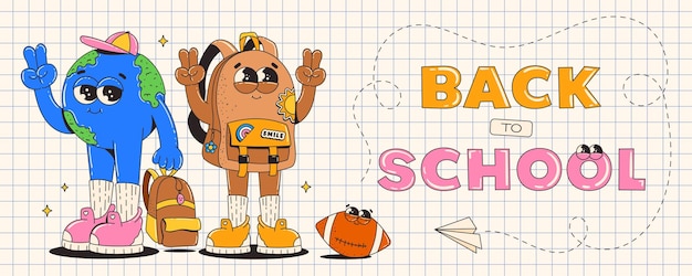 学校に戻るバナー グルーヴィーなレトロな漫画のキャラクターかわいいバックパックと地球惑星