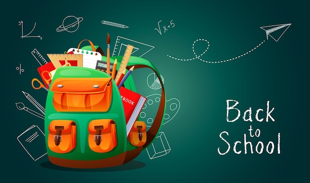 Back to school banner poster school bag with school supplies on the background of a chalkboard with different scientific icons vector illustration