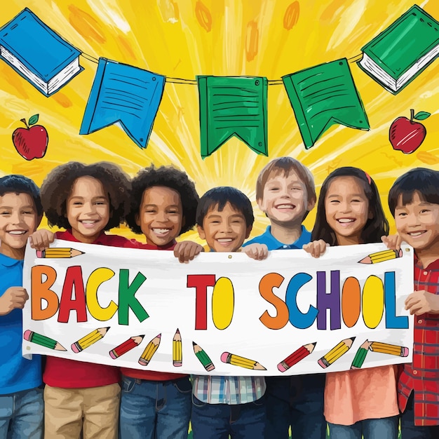 back to school banner poster yellow backpack stationery paper airplanes vector illustration