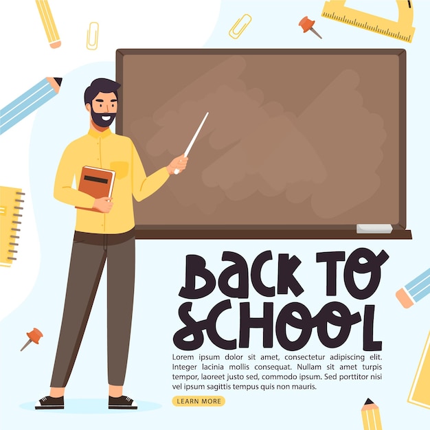 Back to school banner school teacher teach at blackboard in classroom