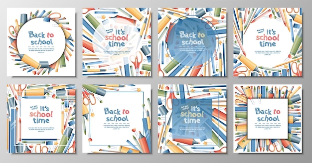 Back to school banner set Backgrounds with stationery pencils pen brush scissors paper clips