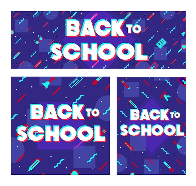 back to school banner set modern typography with school supplies such us alarm computer pen pencil lens on blue background for social society vector 10 eps