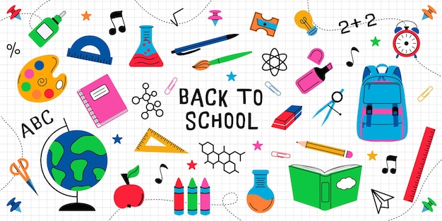 Back to School banner Set school supplies School colorful element stationery in doodle style