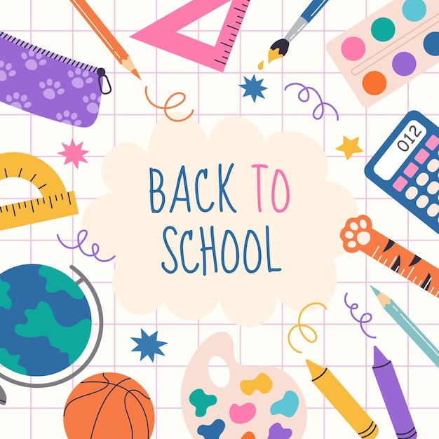 Back to school banner template Cartoon hand draw illustration Vector design with school supplies