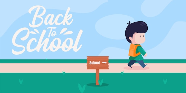 back to school banner with blue background and vector illustration of kids going to school