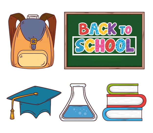 Back to school banner with chalkboard and set of education supplies icons