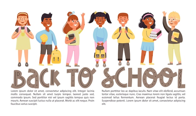 Vector back to school banner with copy space elementary school students with books and backpacks