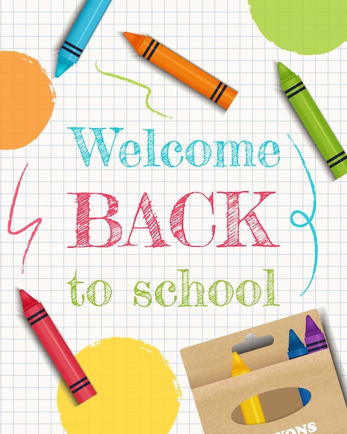 Back to school banner with crayons on copybook paper. Vector isolated illustration