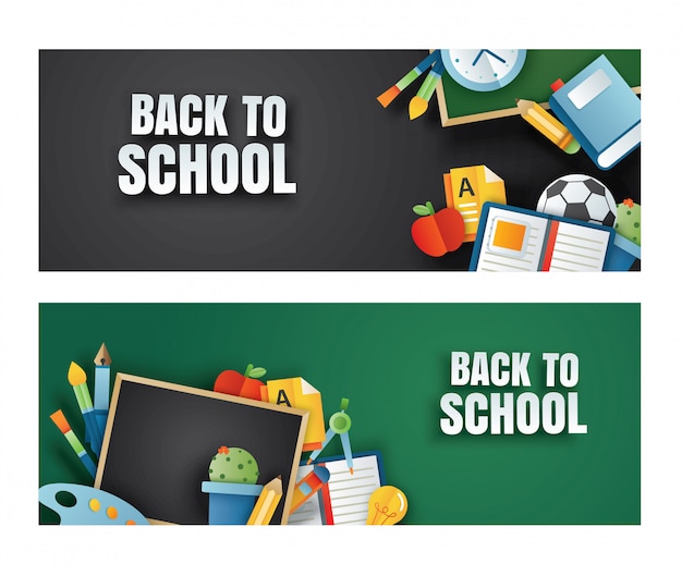 Back to school banner with education items on chalkboard