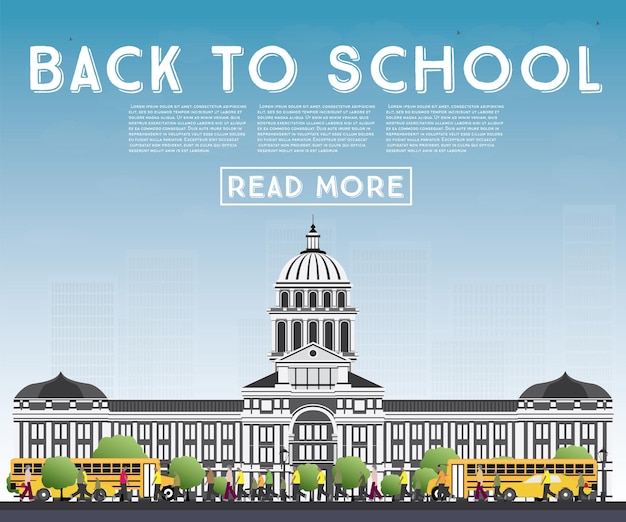 Back to school. banner with school bus, building and students. vector illustration.