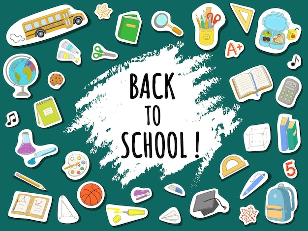 Vector back to school banner with school supplies icons on green background