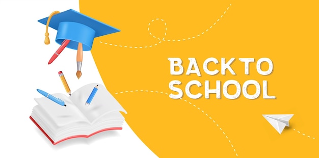 Back to school banner with school supplies on yellow background Vector 3d illustration Stationery items Pens pencils and marker pens