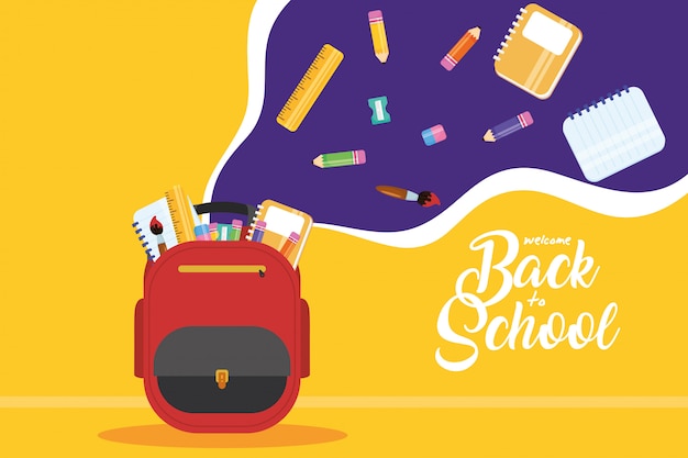 Back to school banner with schoolbag and supplies