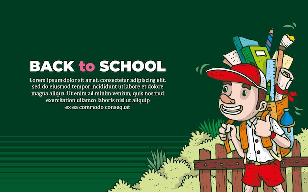 Back to school banner with student walking cartoon illustration