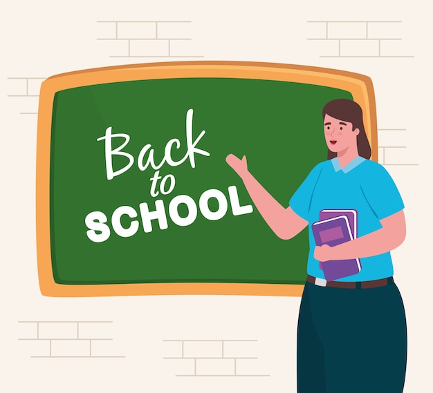 Back to school banner with woman teacher and chalkboard