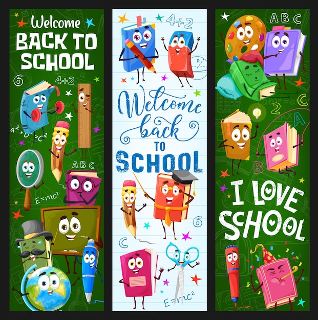 Back to school banners with cartoon books and stationery characters. children school education, kids lessons vector vertical banners with happy pen, pencil and eraser, scissors, paint and textbook