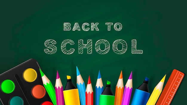 Back to school blackboard with school supplies and chalk lettering Vector
