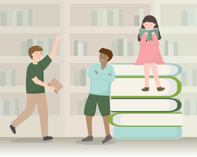 Снова в школу Книжный магазин библиотеки тематические иллюстрации шаржа концепции.