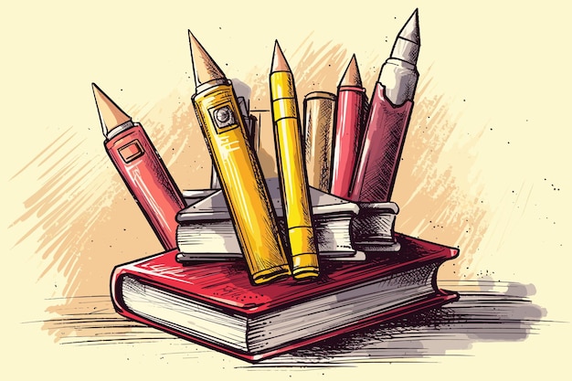 Vector back to school books and pencils with rocket background icon vector design illustration