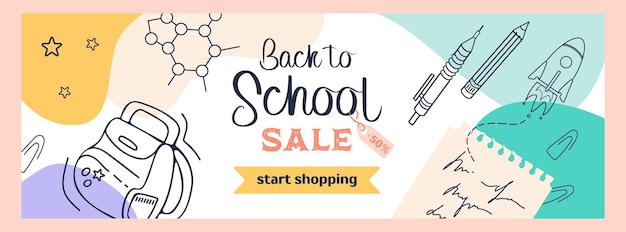 Vector back to school bright horizontal modern banner in sketch style and pastel colors learning attributes molecules backpack pens and notebook for advertising banner website advertising flyer