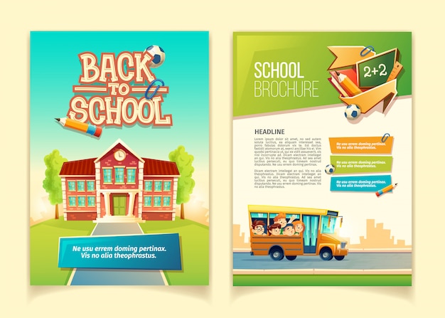 Vector back to school brochure cartoon template, educational leaflet with happy kids