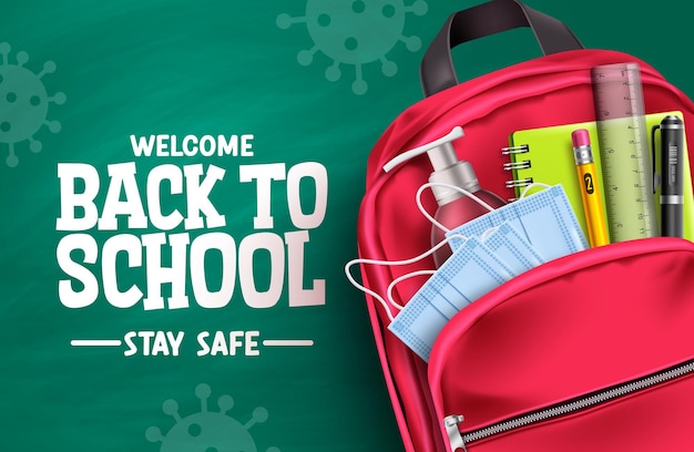 Back to school campaign vector design welcome back to school stay safe text in chalkboard