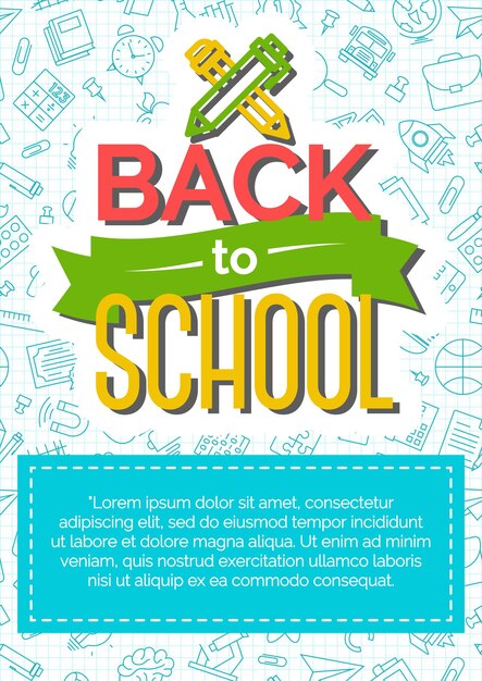 Back to school card with color label consisting of icon pen and pencil on school supplies blue line style background. Vector illustration.