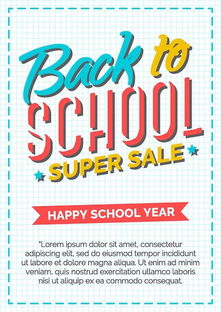 Vector back to school card with color label consisting of sign super sale and happy school year on red ribbon on checkered background and blue frame. vector illustration.