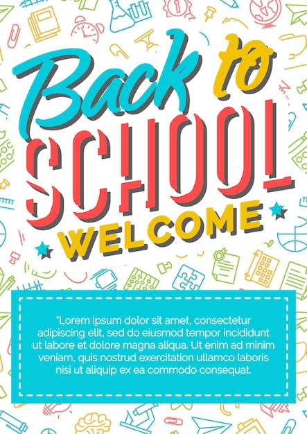 Back to school card with color label consisting of sign welcome on school supplies different color line style background. Vector illustration.