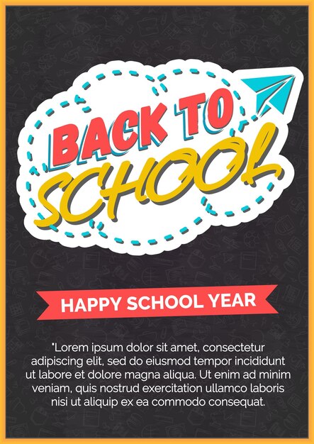 Back to school card with color label and paper plane on black chalkboard consisting of school supplies white line style. School shopping. Vector illustration.