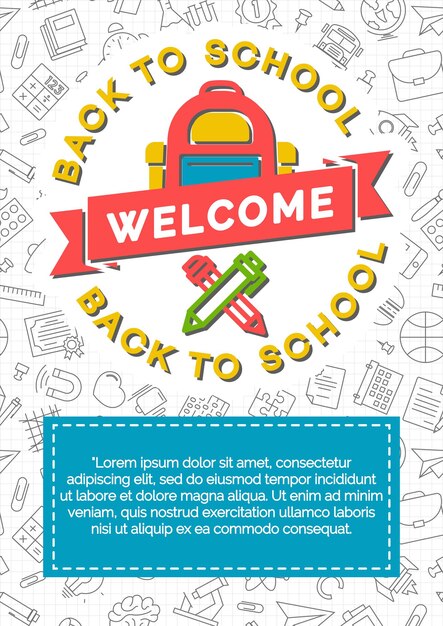 Vettore back to school card con zaino scolastico a colori, penna e matita sullo sfondo costituito da rifornimenti scolastici in stile linea nera. illustrazione vettoriale.