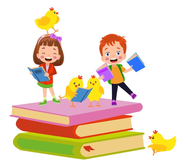 Back to school card with funny chickens and kids