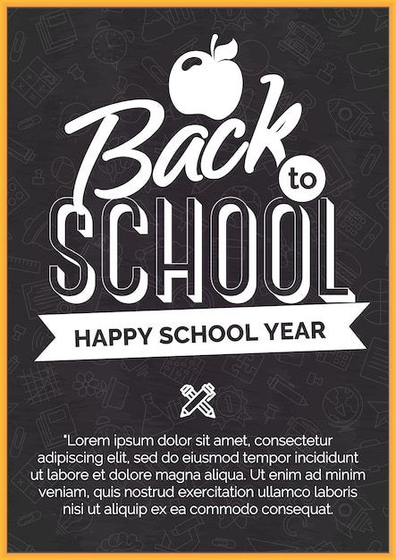 Vector back to school card with white label on black chalkboard seamless pattern of school supplies white line style. vector illustration.