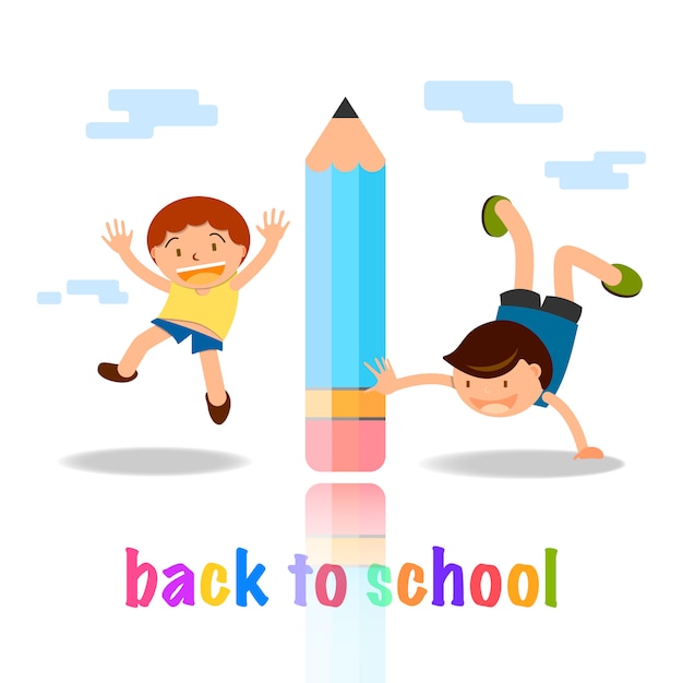 Back to school cartoon concept kids playing with pencil illustration