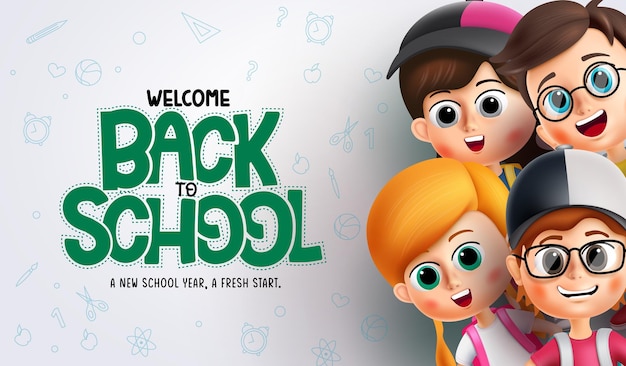 Back to school characters vector background Welcome back to school greeting text with friendly