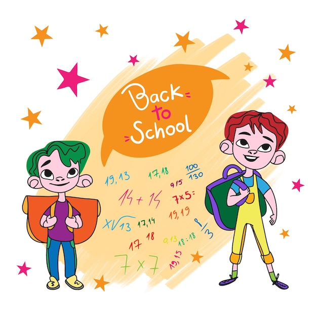 学校に戻る子供たちの男の子は学校がすぐに来ることを喜ぶ水彩画の背景落書き