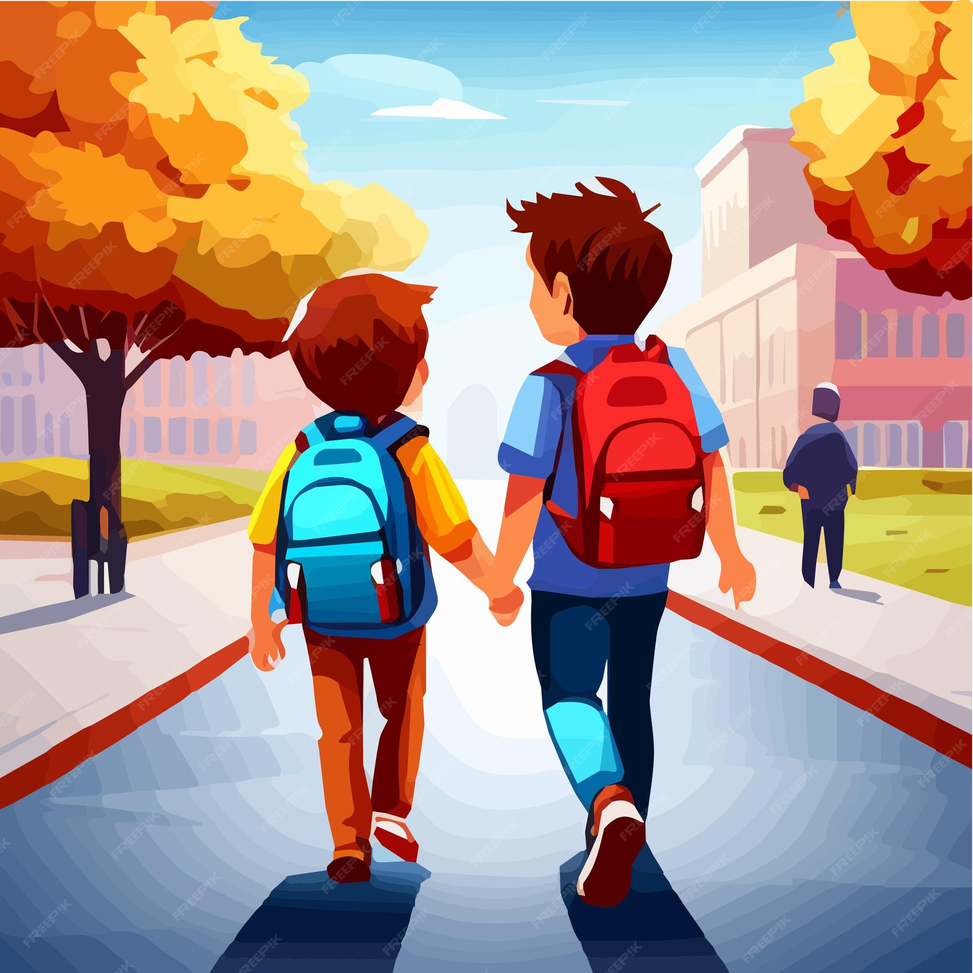 2 students hold them hands walking to school together. children back to  school. Vector illustration Stock Vector Image & Art - Alamy