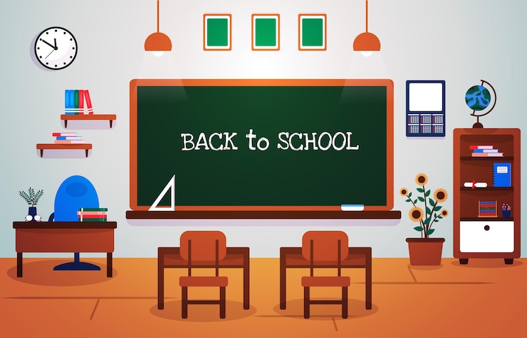 Vector back to school class classroom blackboard table chair education illustration