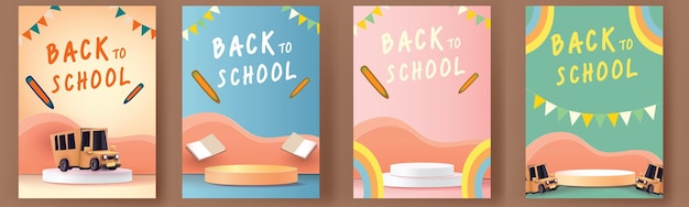 back to school colorful podium with school bus yellow and book elearning vector illustation