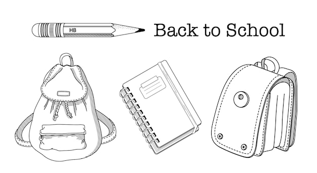 Back to School Coloring Page .Set of childish school Supplies vector illustrations. Backpack, schoolbag, pencils and notebook. Premium Vector