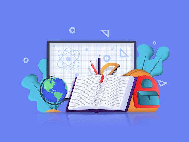 Back to school concept 3D illustration Icon composition with blackboard with formulas Vector